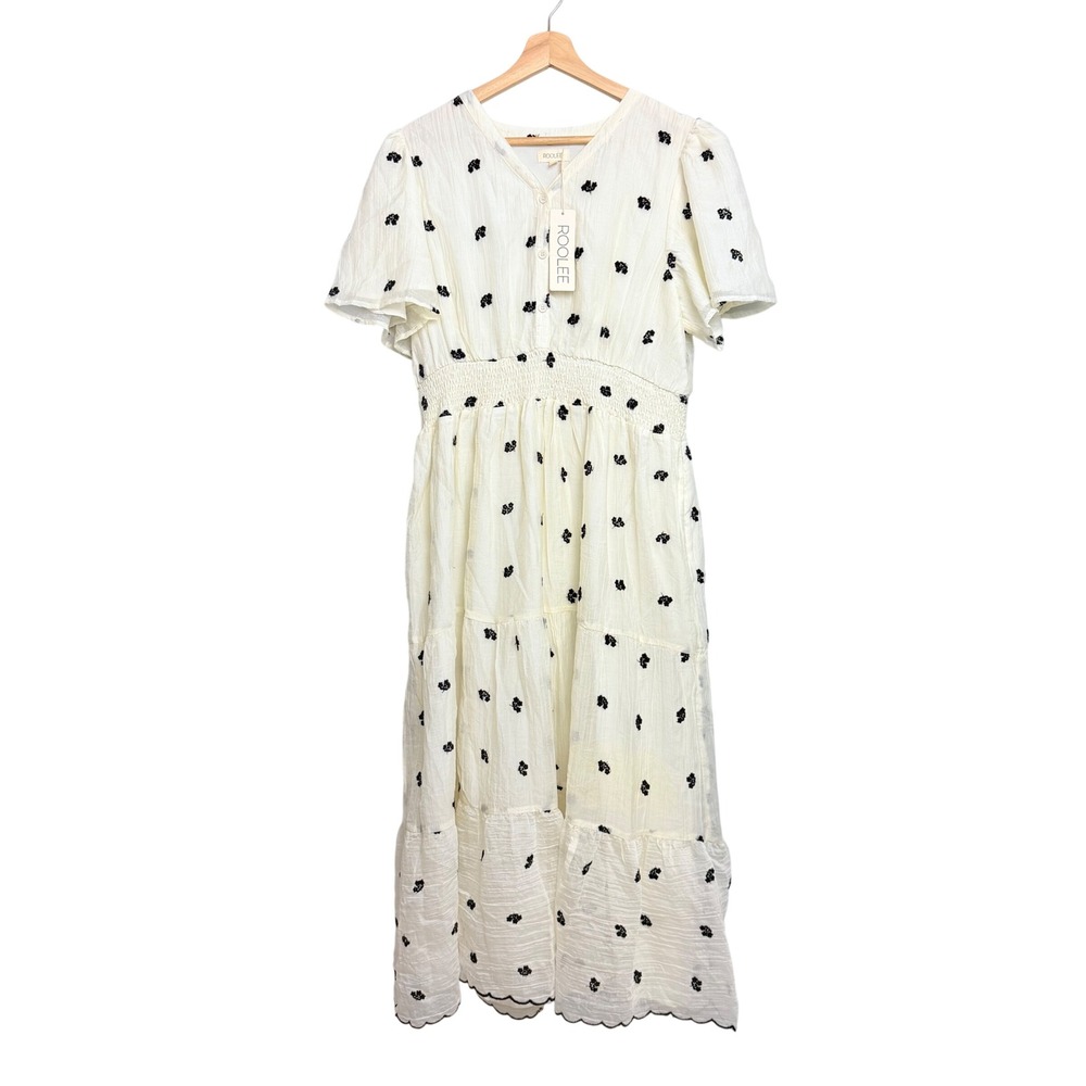 Roolee‎ Cream Floral Embroidered Smocked Tiered Midi Dress NWT XL